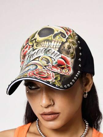 Grunge Punk 1pc Men's Baseball Cap, 3D Print Design Wide Brim Hard Top Snapback Hat, Casual Outdoor Sun Protection'