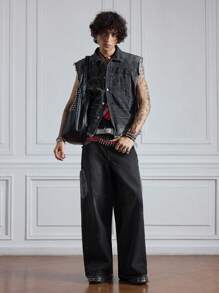 ROMWE MEN Street Life 男士口袋喇叭裤腿宽松休闲牛仔裤，百搭 - 黑色 - 查看 2