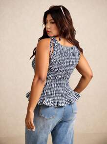 SHEIN Frenchy Plus Size Women's Summer Plaid Ruffle Round Neck Tank Top,Business Casual Woman