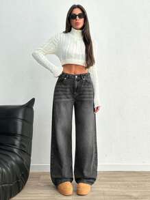SHEIN Cottnline سراويل جينز نسائية واسعة بساق مستقيمة وجيوب, متعددة الاستخدامات وكاجوال - رمادي غامق - مشاهدة 3