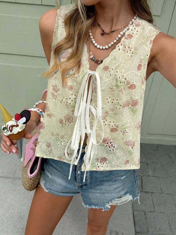 Serisse Women's Resort Burnout Embroidered Front Tie Sleeveless Casual Shirt