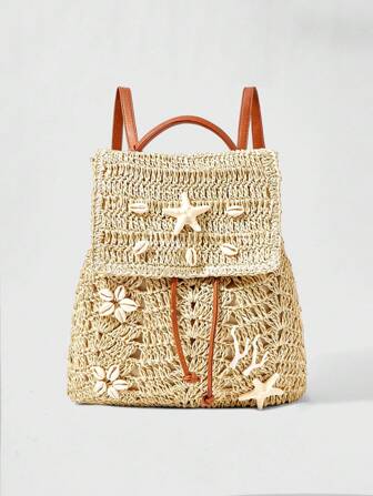 Fairycore 1 pieza Mochila de playa trenzada con paja de estilo elegante, mochila de mujer de estilo de vacaciones en la playa personalizada y de moda