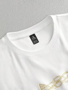 Manfinity BRENVOR 男士白色休闲宽松亮片刺绣圆领T恤 - 白色 - 查看 3