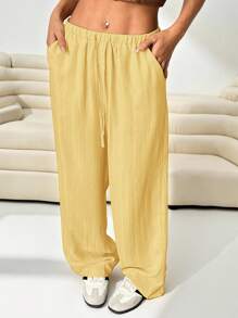SHEIN EZwear Pantalones largos sueltos tejidos de color jengibre para mujeres de talla grande