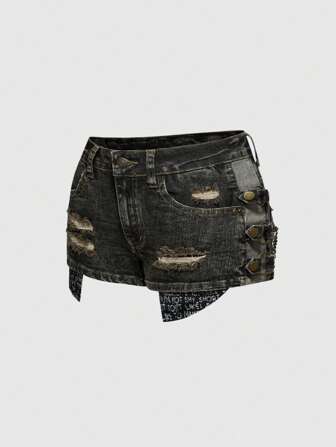 J-Fashion Shorts di jeans con vita bassa e effetto strappato, stile casual Y2K per donne