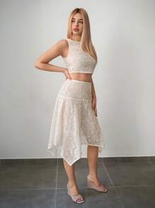Sweetina 2pcs Y2K Beige Western Going Out Sheer Embroidered Sequin Paisley Sleeveless Sheer Backless Crop Top And Asymmetrical Hem Skirt 2 Pieces Set - White - View 3