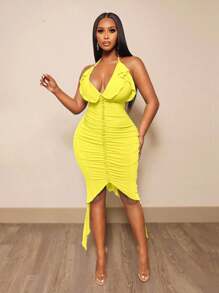 BamGleam 夏季性感纯色褶饰露背挂脖连衣裙 - 黃色 - 查看 6