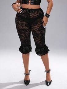 Whyspr Plus Size Women Elastic Waist Bow Lace Trim Hem Sheer Sexy Party Stylish Shorts - Black - View 8