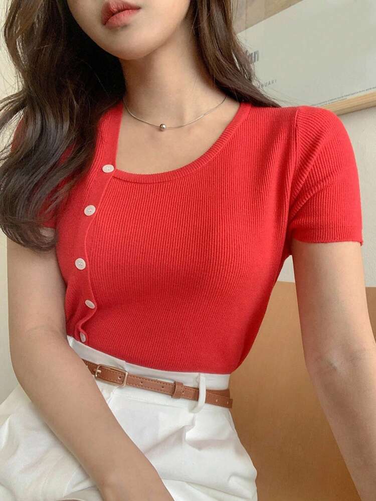 Women's Solid Color Asymmetric Neck Button Design Casual Knit Top, Short Sleeve