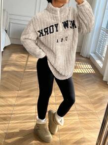 SHEIN EZwear 女士休闲字母印花拉链连帽衫和裤子套装 - 卡其色 - 查看 3
