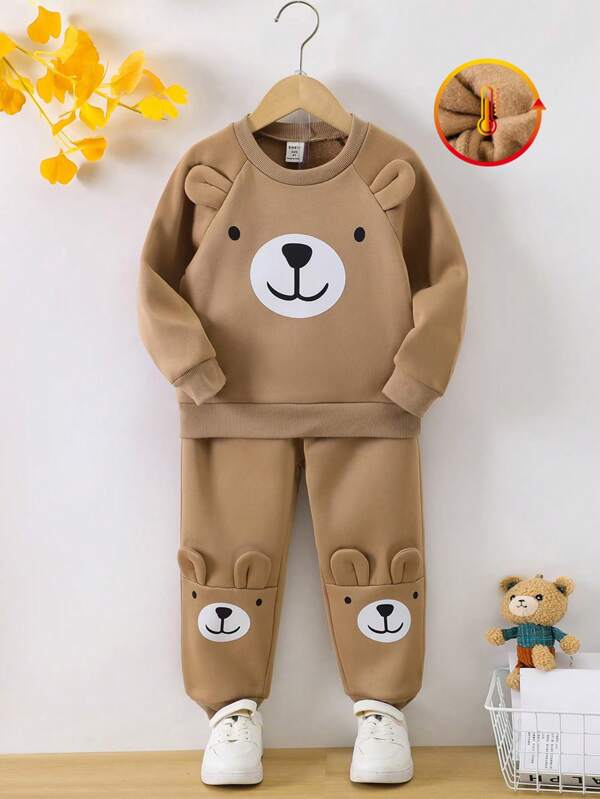 SHEIN Young Boy Cartoon Graphic Raglan Sleeve 3D Ears Design Thermal Lined Sweatshirt & Sweatpants Bear Pajamasbrown Clothes For Babypyjama Ours