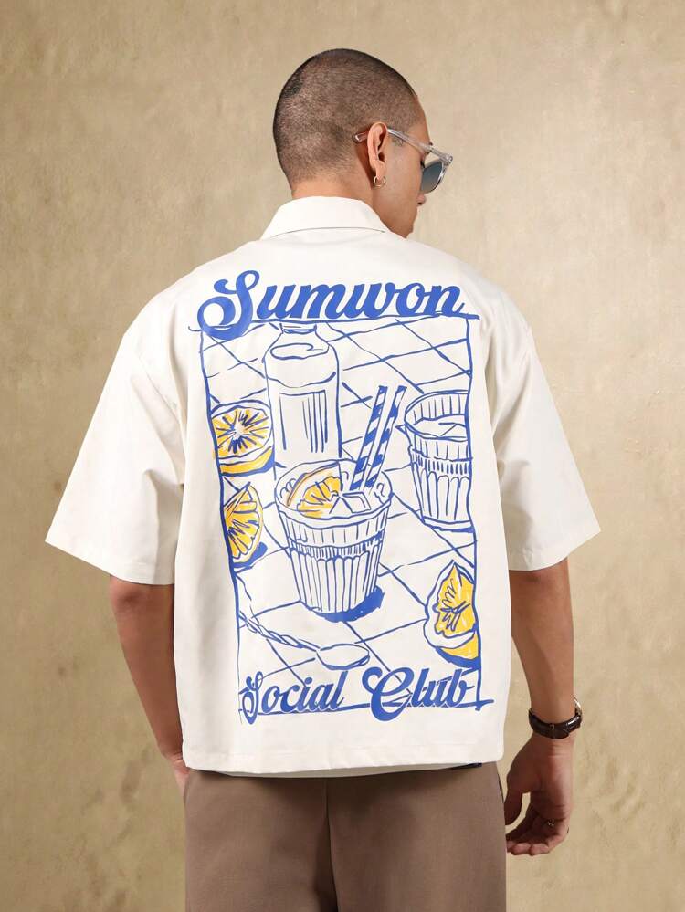 Retro Diner Graphics Boxy Cut Short Sleeve Button Down Shirt