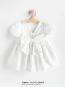 Cozy Pixies Baby Girl Big Bow Decor Round Neck Ruffle Short Sleeve Cinched Waist A-Line Dress - White - View 1