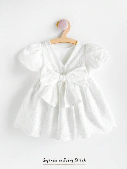Cozy Pixies Baby Girl Big Bow Decor Round Neck Ruffle Short Sleeve Cinched Waist A-Line Dress