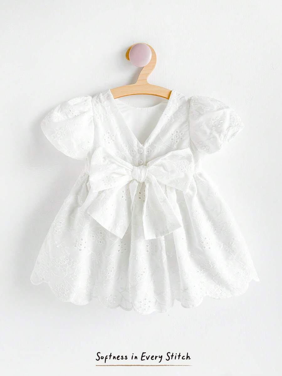 Cozy Pixies Baby Girl Big Bow Decor Round Neck Ruffle Short Sleeve Cinched Waist A-Line Dress - White - View 1