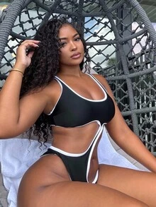 Alexandranx Summer Beach Contrast Binding Cut Out One Piece Swimsuit - Black - View 5