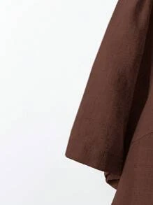 Ellevyn 女士新款时尚优雅两件套夏季舒适亚麻短袖衬衫和细肩带吊带裙休闲装 - 咖啡棕 - 查看 5