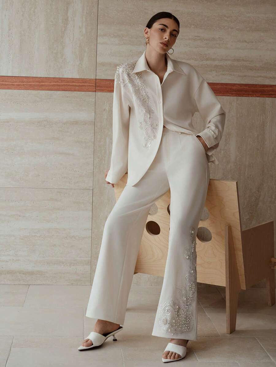 MOTF PREMIUM 2 件套女士优雅撞色亮片仿珍珠细节落肩宽松衬衫和阔腿裤套装