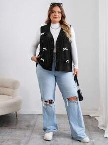 SHEIN CURVE+ Plus Size Women's Bow Decor Single-Breasted Knitted Vest