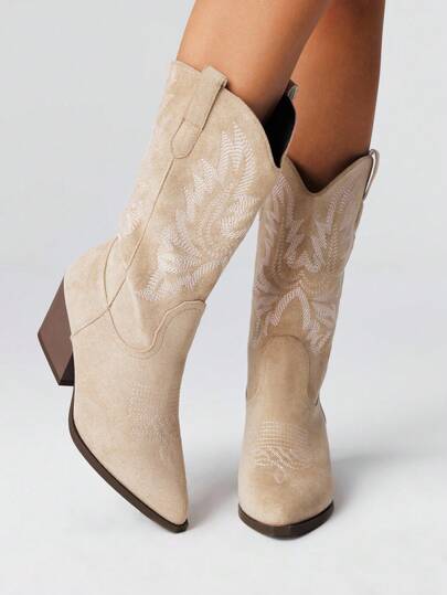 Fairycore Women's Retro V-Cut Pointed Toe Chunky Heel Embroidery Western Cowboy Boots, Slip-On Fashion Mid-Calf Boots For Outdoor Use Fall For Christmas And New Year Holiday Valentines Spring Shoes