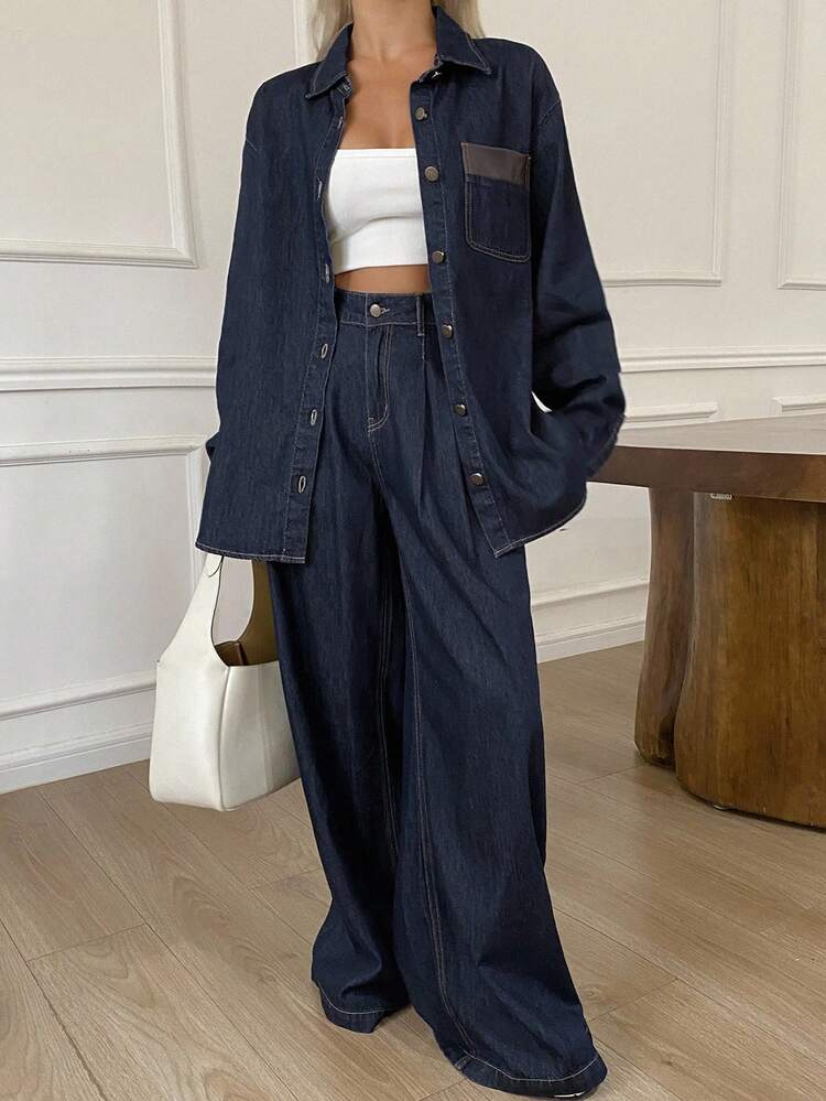Women Long Sleeve Shirt And Jeans Casual Outfit