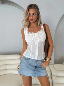 Roylia 女士优雅时尚年轻梭织刺绣抽绳蝴蝶结吊带背心 - 白色 - 查看 4