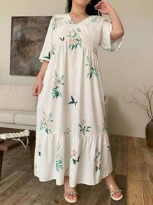 Modelyn Plus Size Women Floral Print V-Neck Short Sleeve Ruffle Hem Casual Dress - Multicolor - View 3