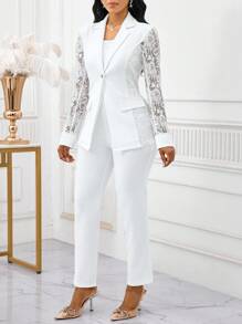SHEIN Lady Four Seasons White Suit Suit Set Lace Splicing Suit Set Women's Suit Set