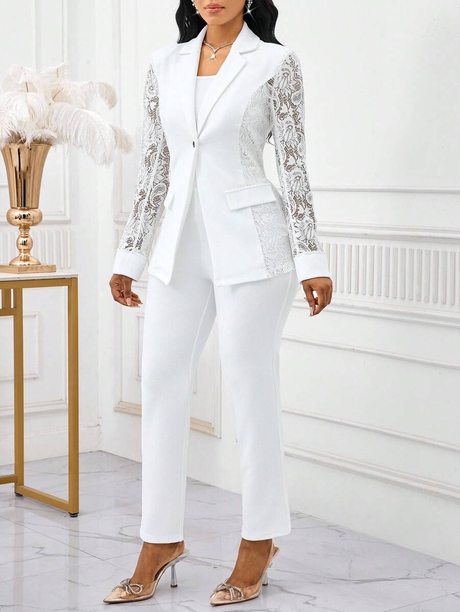 SHEIN Lady Four Seasons White Suit Suit Set Lace Splicing Suit Set Women's Suit Set