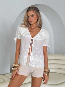 Roylia Women's White Floral Summer Boho Tea Party Holiday Hollow Embroidered Short Blouse,Deep V Neck Frill Collar Lantern Sleeve Open Front Bowknot Chic Y2K - White - View 4