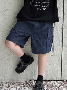 DAZY 青少年男孩松紧腰格子口袋宽松阔腿短裤 - 藏蓝色 - 查看 3