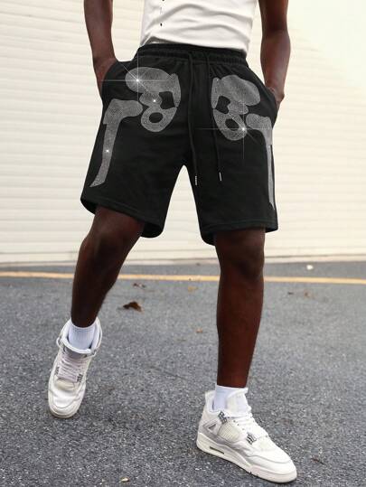 Street Life Men's Elastic Waist Skull Drawstring Goth Casual Shorts, Halloween