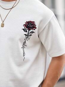 Mainfolk Men's Waffle Knit T-Shirt,Rose 'California' Graphic White,Summer,Streetwear,City Break Relaxed Fit Tee,Elevated Graphic Short Sleeve Oversized Top - White - View 2