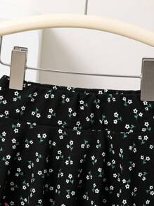 Young Girl Woven Ditsy Floral Wide Leg Shorts For Spring/Summer Outings, Mom And Daughter & Sisters Matching Style, Matching Family Vacation, Holidays, French, Cute & Elegant & Sweet & Vintage & Fashionable.Great For Casual & Daily Wear & School Daily. Girls Skirts With Shorts., Skirts With Built In Shorts - Black - View 3