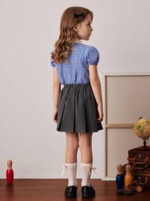 PrepCrw Conjunto de Blusa de Manga Curta com Gola Contraste e Saia Plissada Mini de Estilo Preppy para Jovens Garotas - Multicolorido - Visão 2