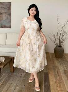 Modelyn 女式加大码方领印花束腰连衣裙，时尚夏季 - 彩色 - 查看 4