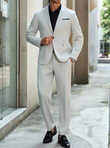 Manfinity Bizformal Minimalist Suit Set - Suitable For Workplace Professional To Casual Street Style, Perfect Gift For Boyfriend, Husband, Best Friend - Beige - View 6