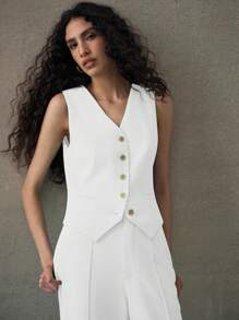 MOTF PREMIUM SOLID SINGLE BREASTED PLACKET BLAZER VEST - Beige - View 2