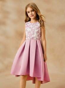 SHEIN Tween Girls Contrast Lace Sleeveless Elegant Ball Gown Dress, Pink Elegant Dress Girls