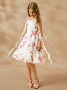 SHEIN Tween Girls' Floral Print Ruched Fancy Party Dress - Apricot - View 3