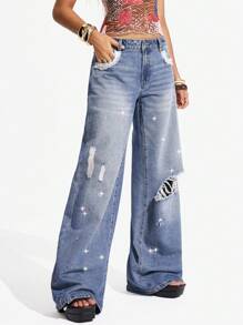 Jeanoix Women's Low Waist Pockets Distressed Loose Casual Wide Leg Jeans Y2k