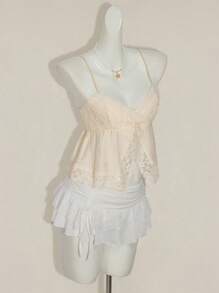 SHEIN ICON 女式花卉蕾丝开衩下摆吊带背心 - 卡其色 - 查看 6