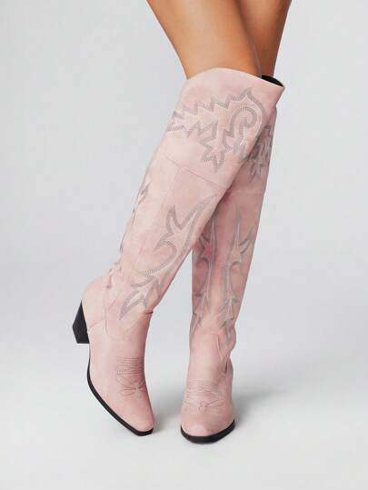 Fairycore Women's Cowboy Boots, Spring/Autumn New Kawaii Pink Embroidery Details Western Boots, Outdoor Fashion Slip-On Over-The-Knee Boots