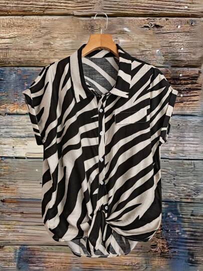 SHEIN LUNE Plus Size Women Summer Zebra Print Batwing Sleeve Single-Breasted Blouse Beach Outfits For Woman Old Money Boho Linen Holiday Business Casual Button Up Shirt Women Funny Shirts Linen Shirt Going Out Tops Women Teacher Outfits For Women