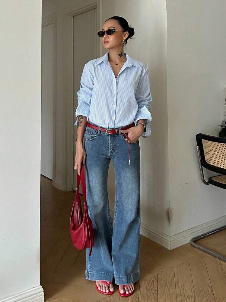 DAZY Camicia a maniche lunghe a righe da donna, alla moda e adatta per l'estate e l'autunno - celeste - Visualizzare 6