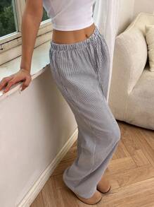 Sunnyshic 蓝白条纹泡泡褶面料低腰抽绳系带斜口袋直筒裤，超柔软舒适女士休闲家居日常穿着长裤，夏季 - 黑色 - 查看 6