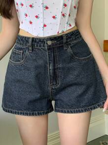 DAZY 女式A字牛仔休闲街头风格性感热裤，夏季 - 深色水洗藍 - 查看 3