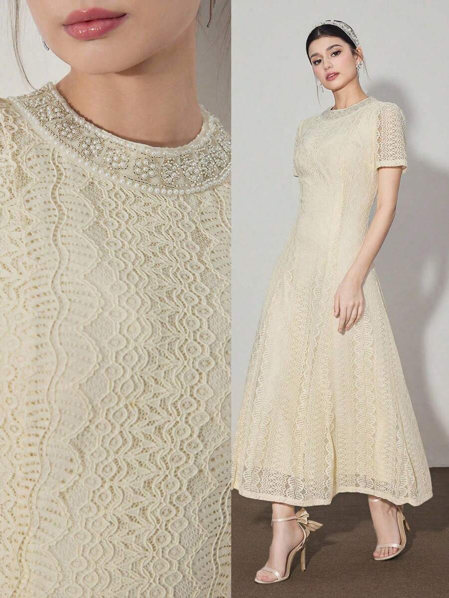 Modelyn Đầm midi cổ tròn tay bồng ren chữ A thanh lịch cho nữ - Màu be - Xem 1