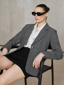 Aveloria Modichic Blazer casual de negocios con solapa de pata de gallo y bloques de color para mujer - Gris Oscuro - Ver 6