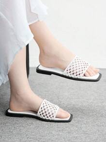 CUCCOO BIZCHIC Women's Square Toe Flat Sandals, Breathable, Comfortable, Versatile, Slip-On Woven Hollow-Out Slip-On Sandals For Spring And Summer Everyday Wear - White - View 4